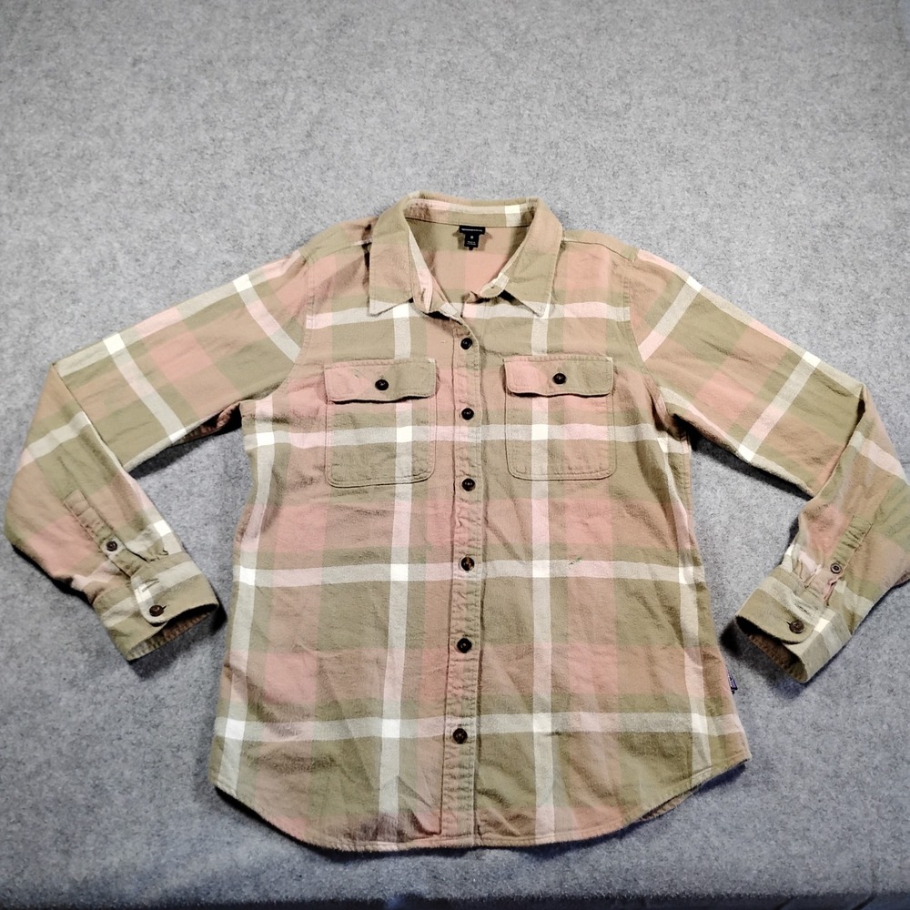 Patagonia Womens Organic Cotton Fjord Flannel‎ Shirt Green Pink Plaid M 42405